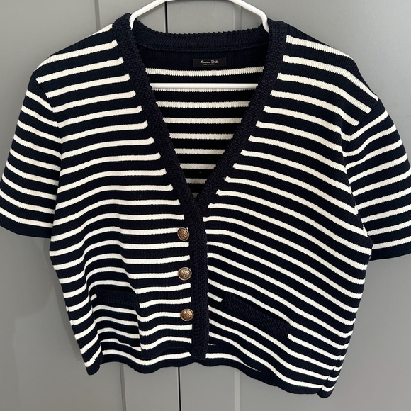 Massimo Dutti Navy Blue and Cream Striped Knit Cardigan! - Picture 2 of 7
